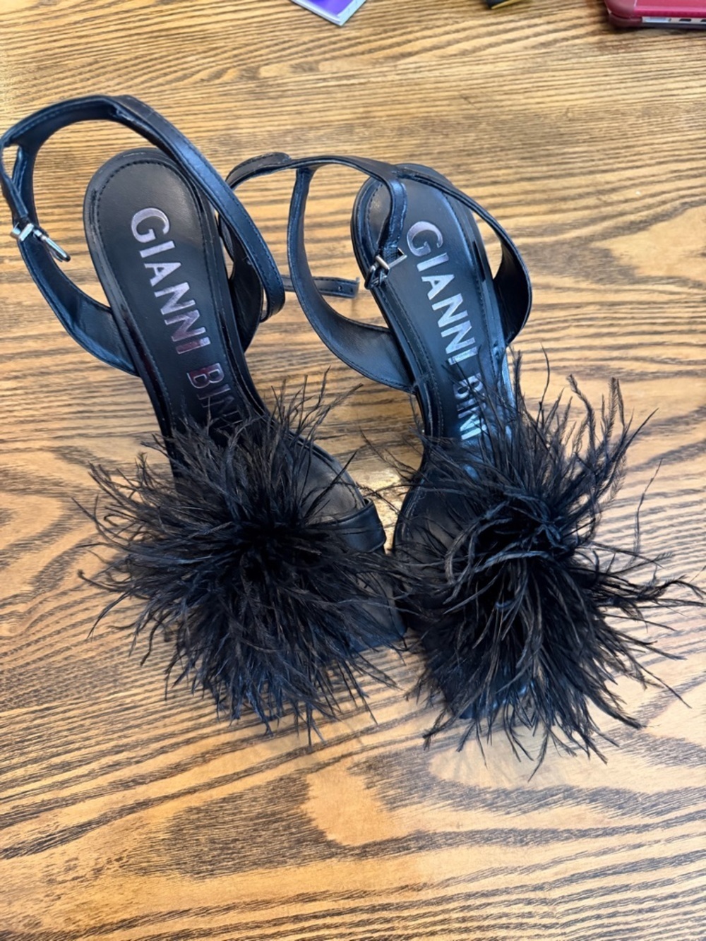 Gianni Bini Black Feather Pom Slingback Heels
